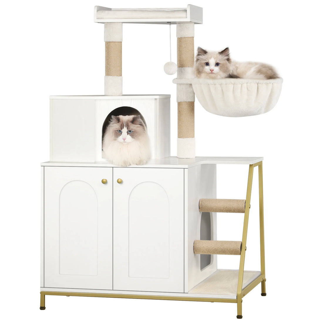 Maison pour chat moderne blanche à pieds dorés, avec un chat dans le hamac et un autre dans la niche