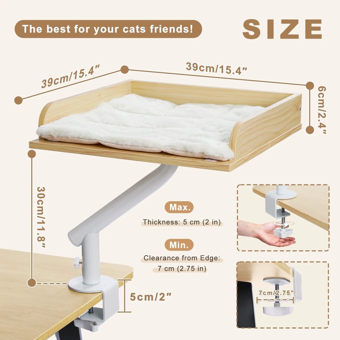 Schéma du plateau de bureau en bois clair : 39 × 39 cm, rebord 6 cm, hauteur 30 cm, pince pour plateau de 5 cm