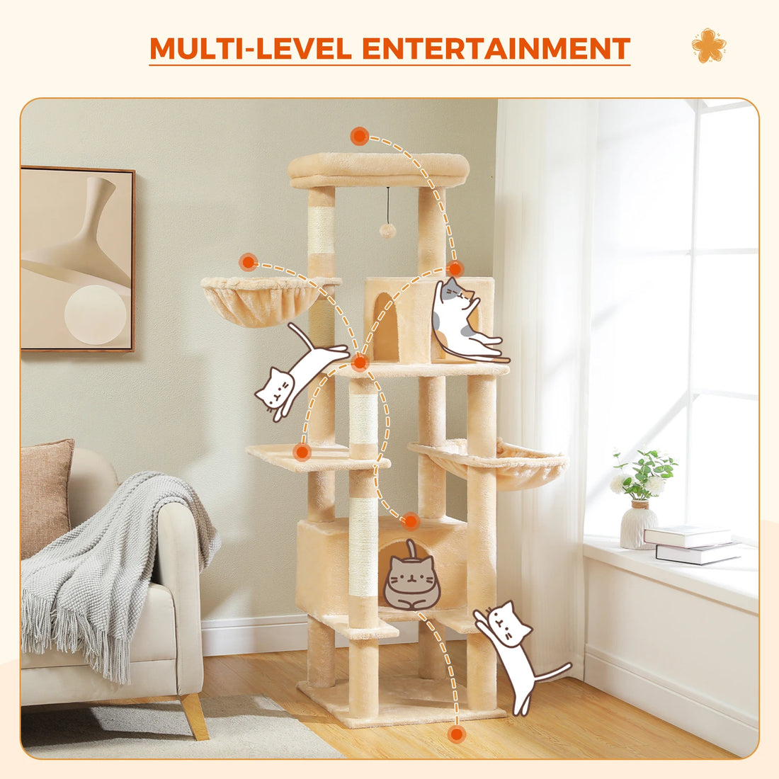 Infographie des sauts entre les niveaux d'un arbre à chat beige installé dans un salon lumineux