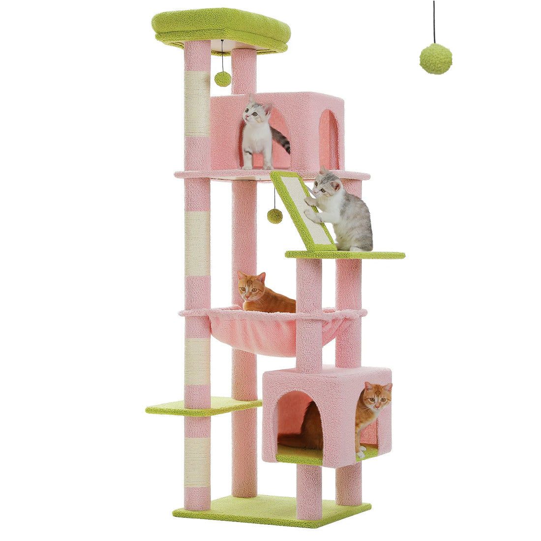 Griffoir vertical rose et vert sur fond blanc avec chatons gris et roux, hamac rose, deux niches et pompons verts