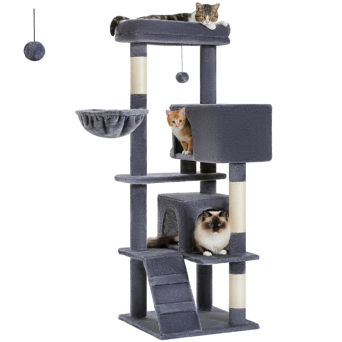Griffoir haut gris foncé sur fond blanc avec chat tigré sur le plateau, chat roux dans la niche et siamois en bas