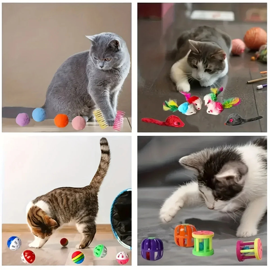 Quatre scènes de jeu : chats avec pompons, souris à plumes, balles à grelot et petits rouleaux ajourés