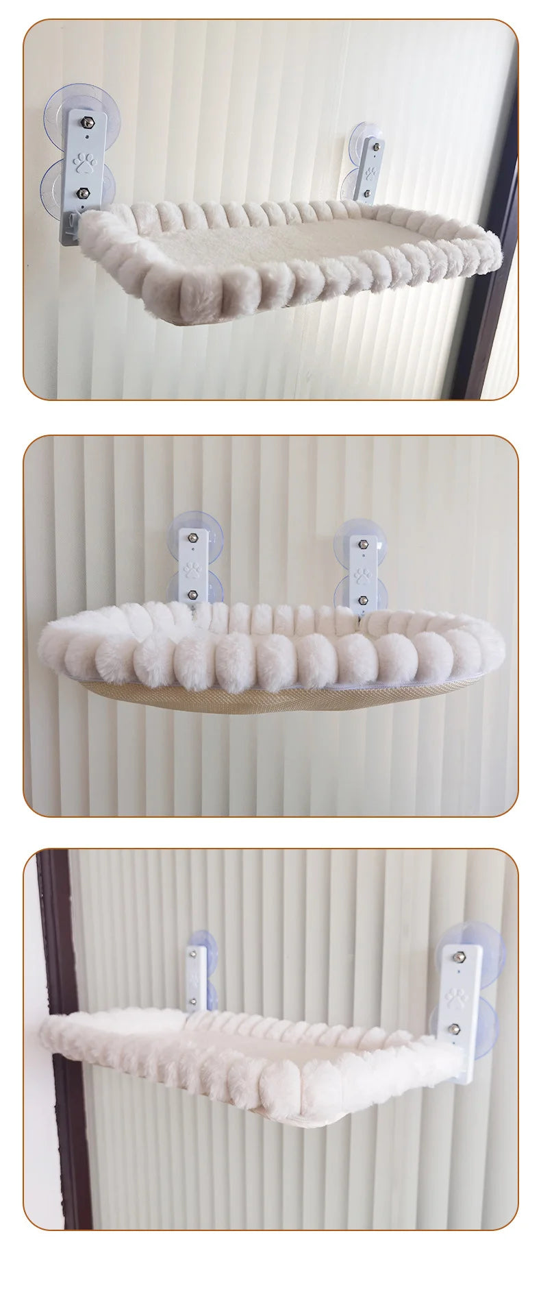Trois vues du hamac de vitre blanc fixé au mur : bord rayé, bord à pompons et angle de côté, sans chat