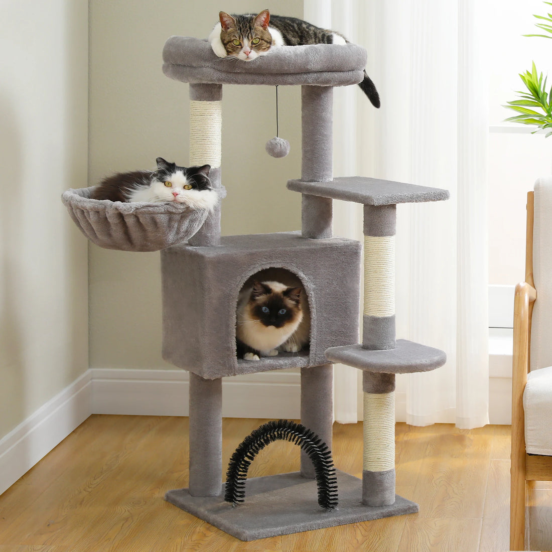 Tour à chat grise avec un chat tigré en haut, un noir et blanc dans le hamac et un siamois dans la niche
