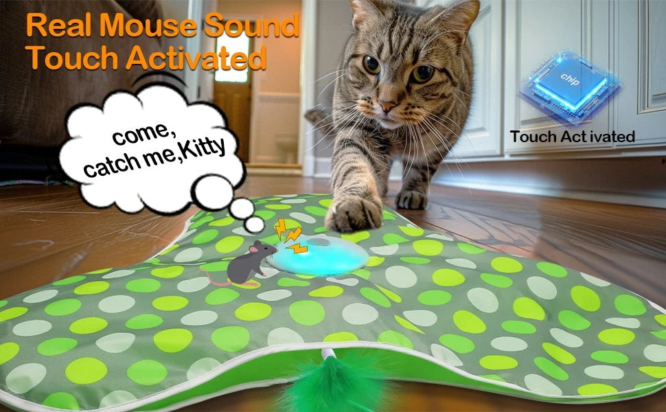 Chat tigré qui pose la patte sur le tapis vert à pois dont le boîtier central s'allume, avec bulle de souris