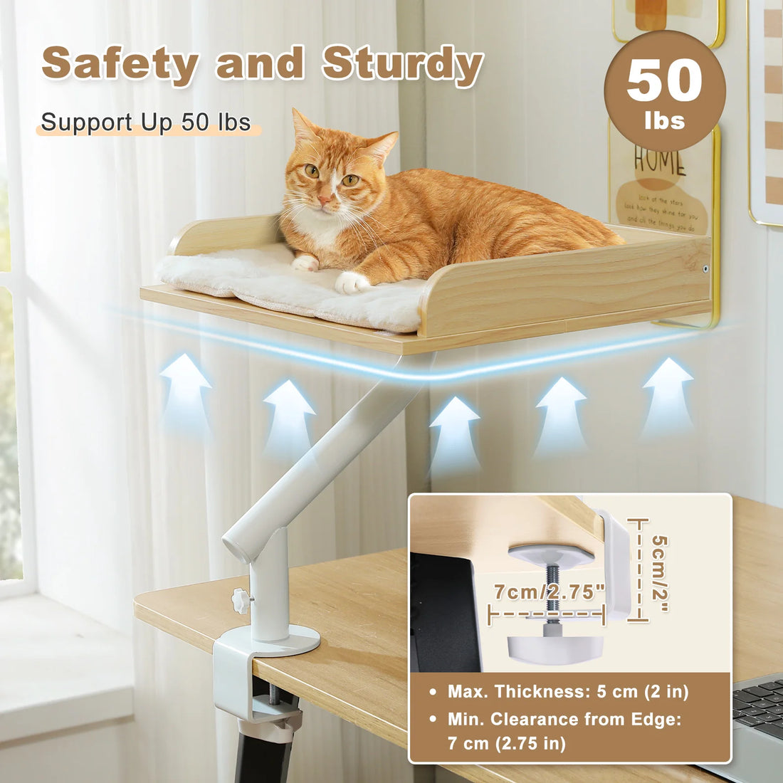 Support pour chat en bois clair et pied blanc, pince pour plateau de 5 cm max et à 7 cm minimum du bord