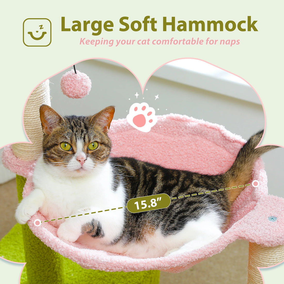 Chat tigré et blanc allongé dans le grand hamac rose moelleux de l'arbre à chat, diamètre de 15,8 po indiqué
