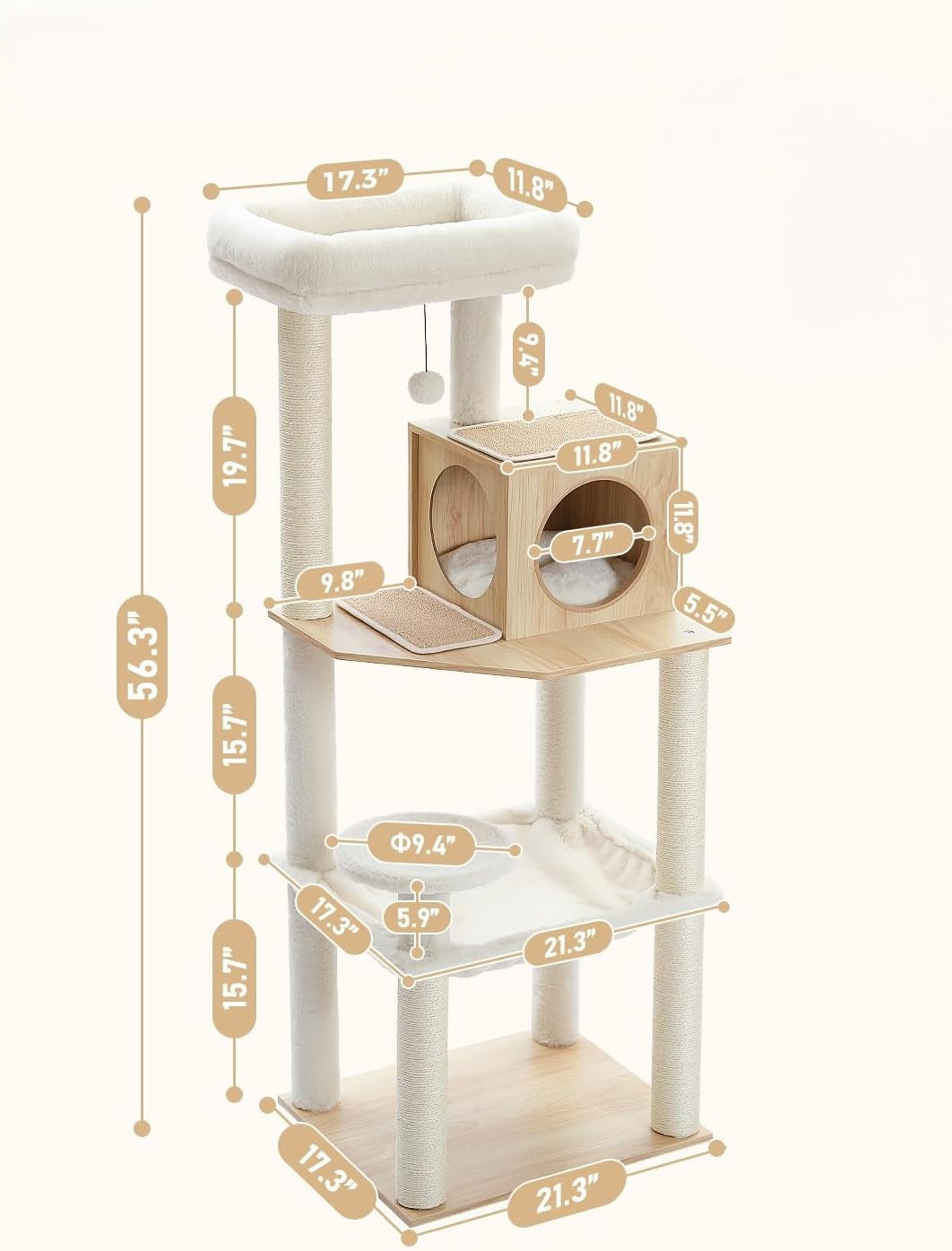 Schéma des dimensions de l'arbre à chat : hauteur 56,3 po, base 21,3 × 17,3 po, niche 11,8 po, hamac 21,3 po