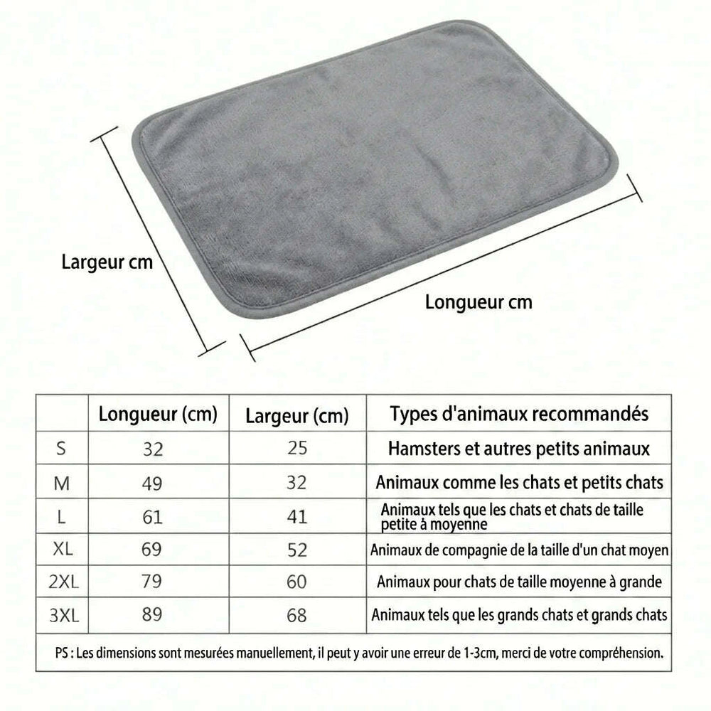 Schéma et tableau des tailles du tapis, de S (32 × 25 cm) à 3XL (89 × 68 cm), avec animaux conseillés