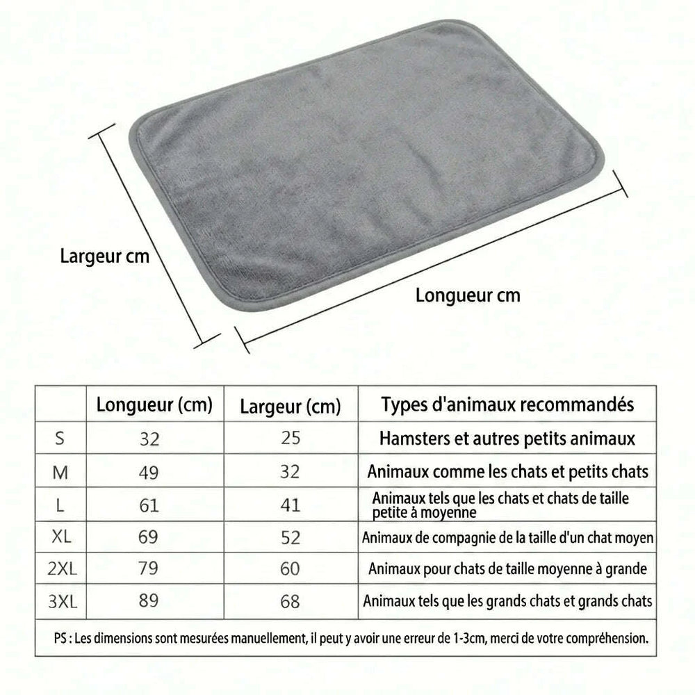 Schéma des tailles du coussin gris, de S (32 × 25 cm) à 3XL (89 × 68 cm), avec animaux recommandés