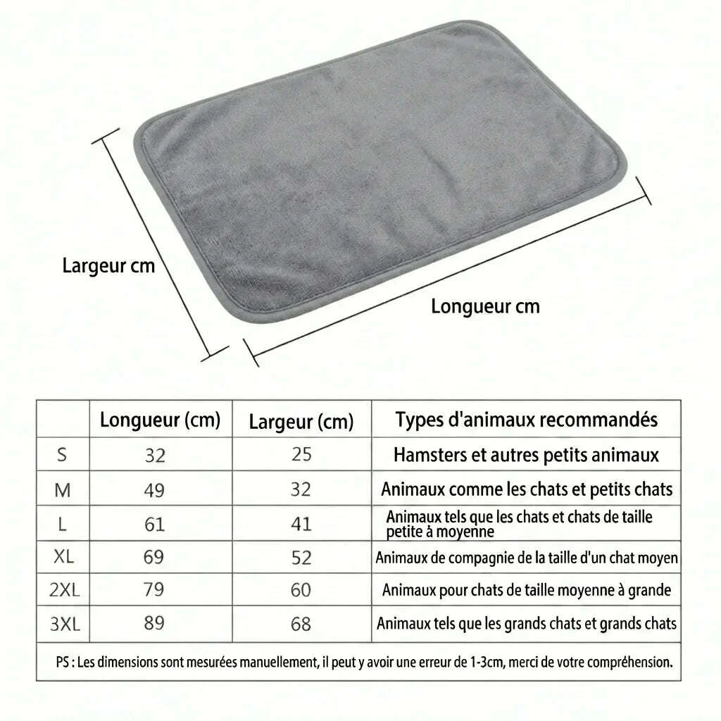Schéma des tailles du coussin gris, de S (32 × 25 cm) à 3XL (89 × 68 cm), avec animaux recommandés