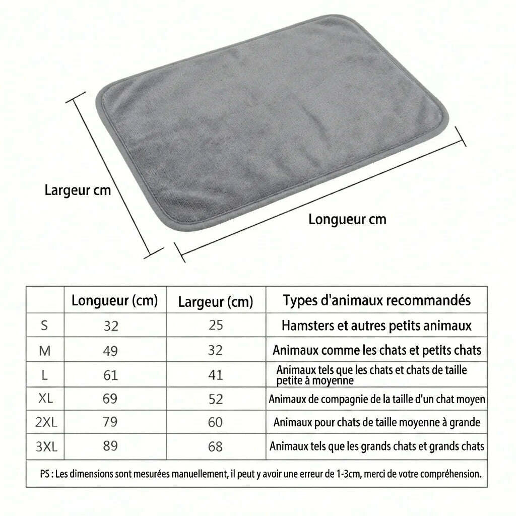 Tableau des tailles du tapis gris, du S (32 × 25 cm) au 3XL (89 × 68 cm), avec les animaux recommandés
