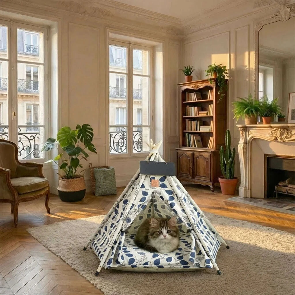 Chaton tigré installé dans une tente tipi pour chat, dans un salon haussmannien avec parquet