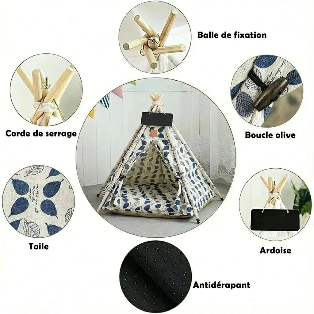 Détails du tipi : balle de fixation, corde de serrage, boucle olive, toile à feuilles, ardoise et fond antidérapant