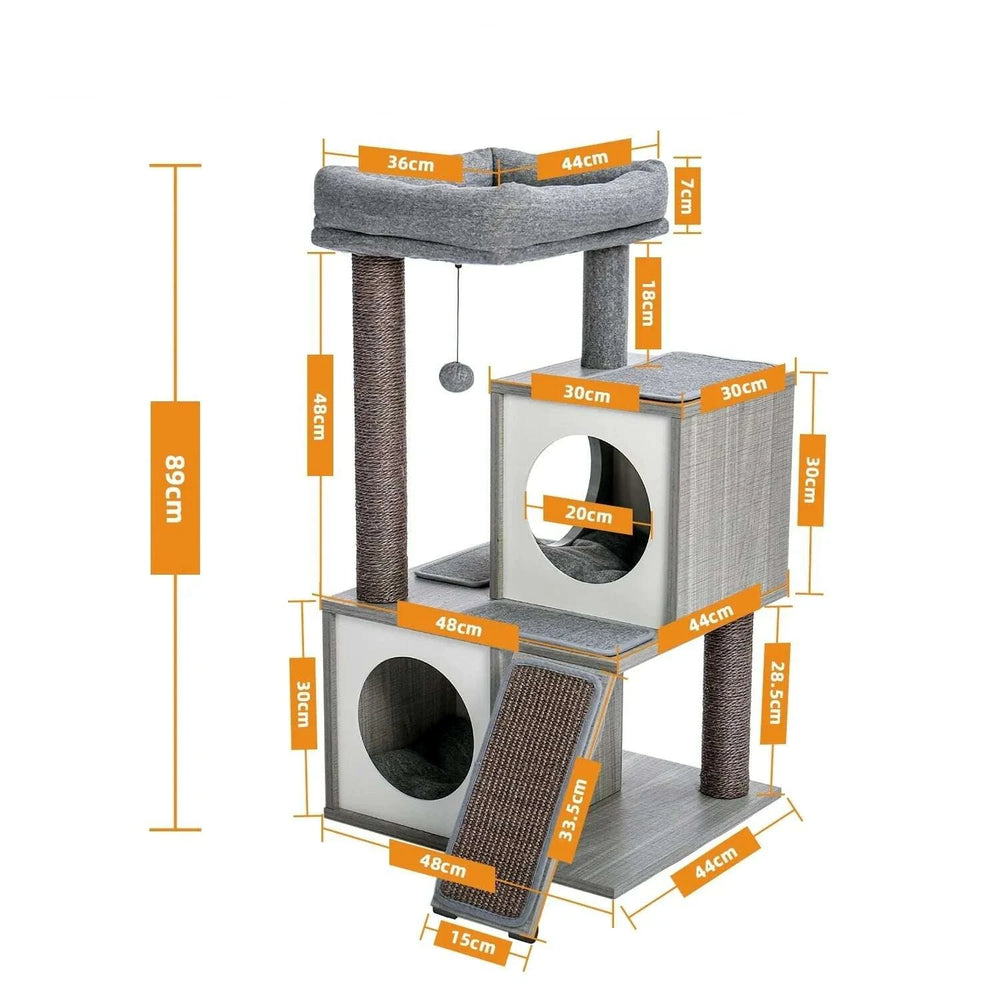 Schéma des dimensions de l'arbre à chat : hauteur 89 cm, base 48 × 44 cm, niches de 30 cm, panier 44 × 36 cm, rampe 33