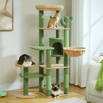 Grand griffoir arbre à chat vert contre un mur clair, chat roux en haut, chat tigré dans le panier et siamois au pied