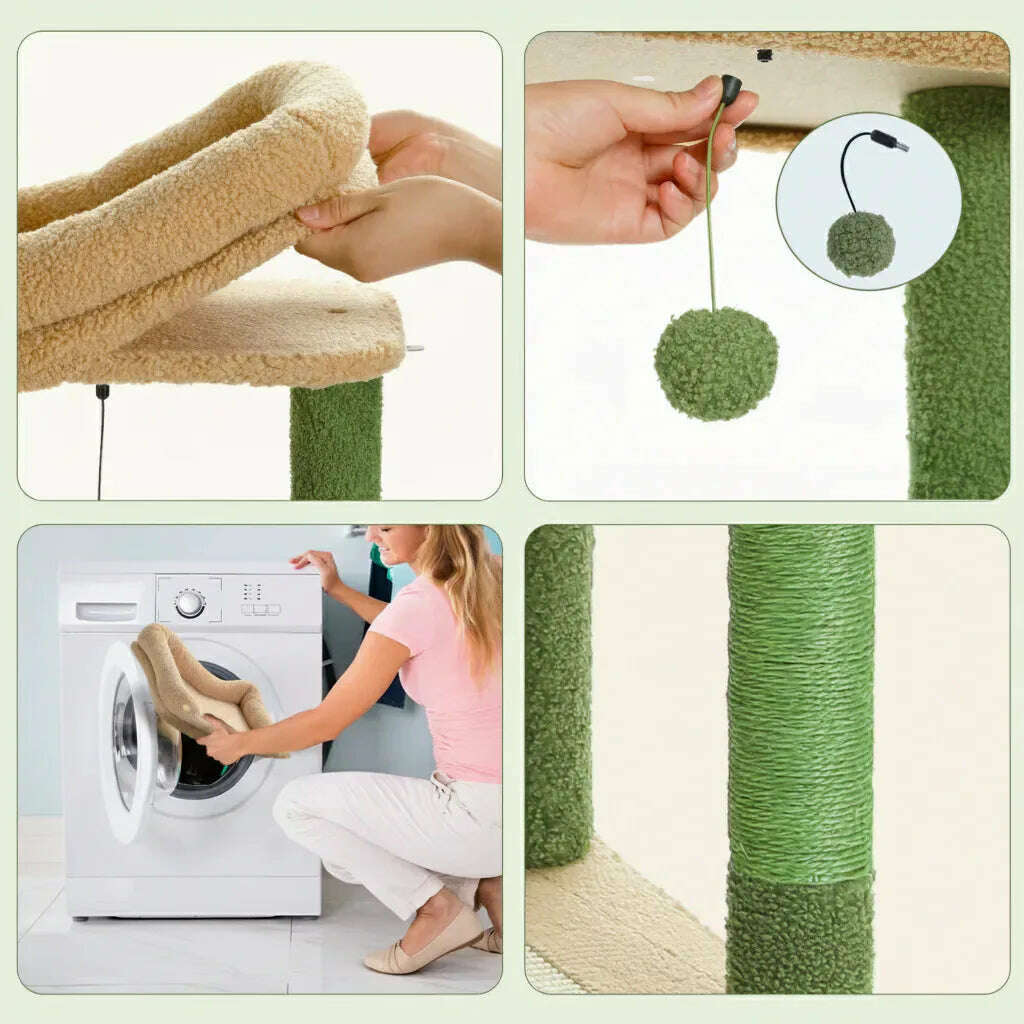 Détails de l'arbre : coussin bouclé lavable en machine, balle verte suspendue et poteau recouvert de corde de sisal