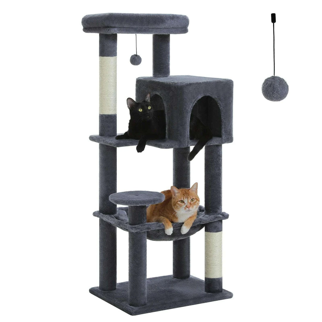 Arbre à chat gris anthracite avec niche, hamac et sisal, chat noir et chat roux dessus, pompon à côté
