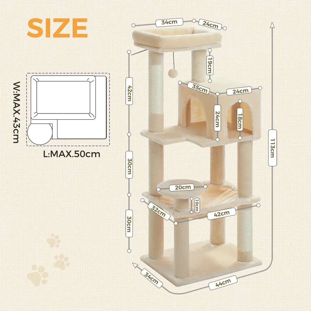 Schéma des dimensions de l'arbre à chat beige : hauteur 113 cm, base 44 × 34 cm, plateforme du haut 34 × 24 cm