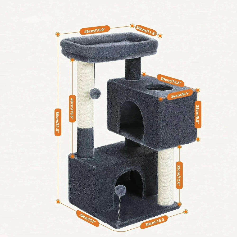 Schéma des dimensions de l'arbre à chat anthracite : hauteur 80 cm, plateau 43 × 30 cm, base 39 × 39 cm