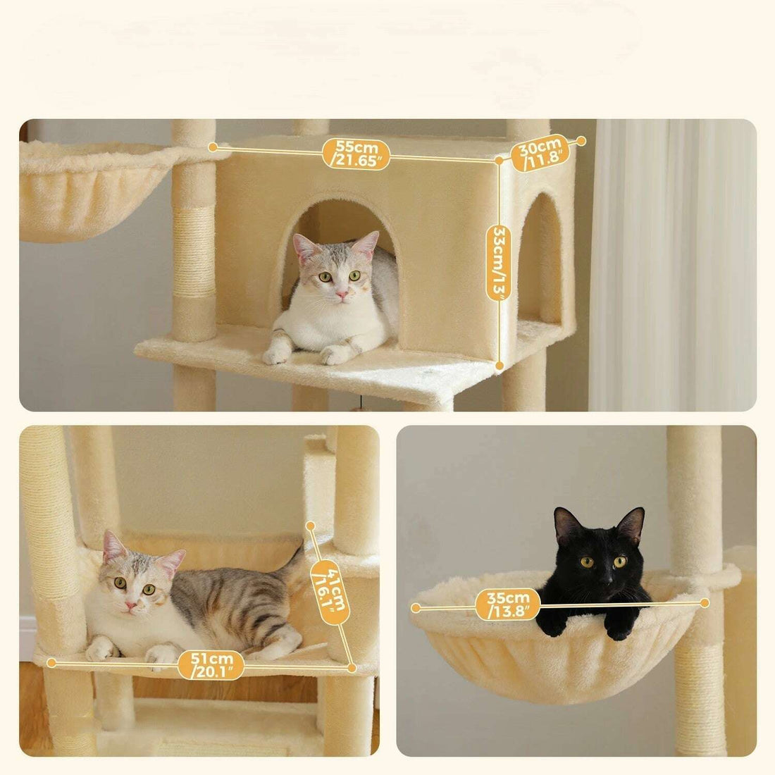 Trois détails de l'arbre à chat beige avec cotes : niche 55 × 30 × 33 cm, hamac bas 51 × 41 cm, panier 35 cm