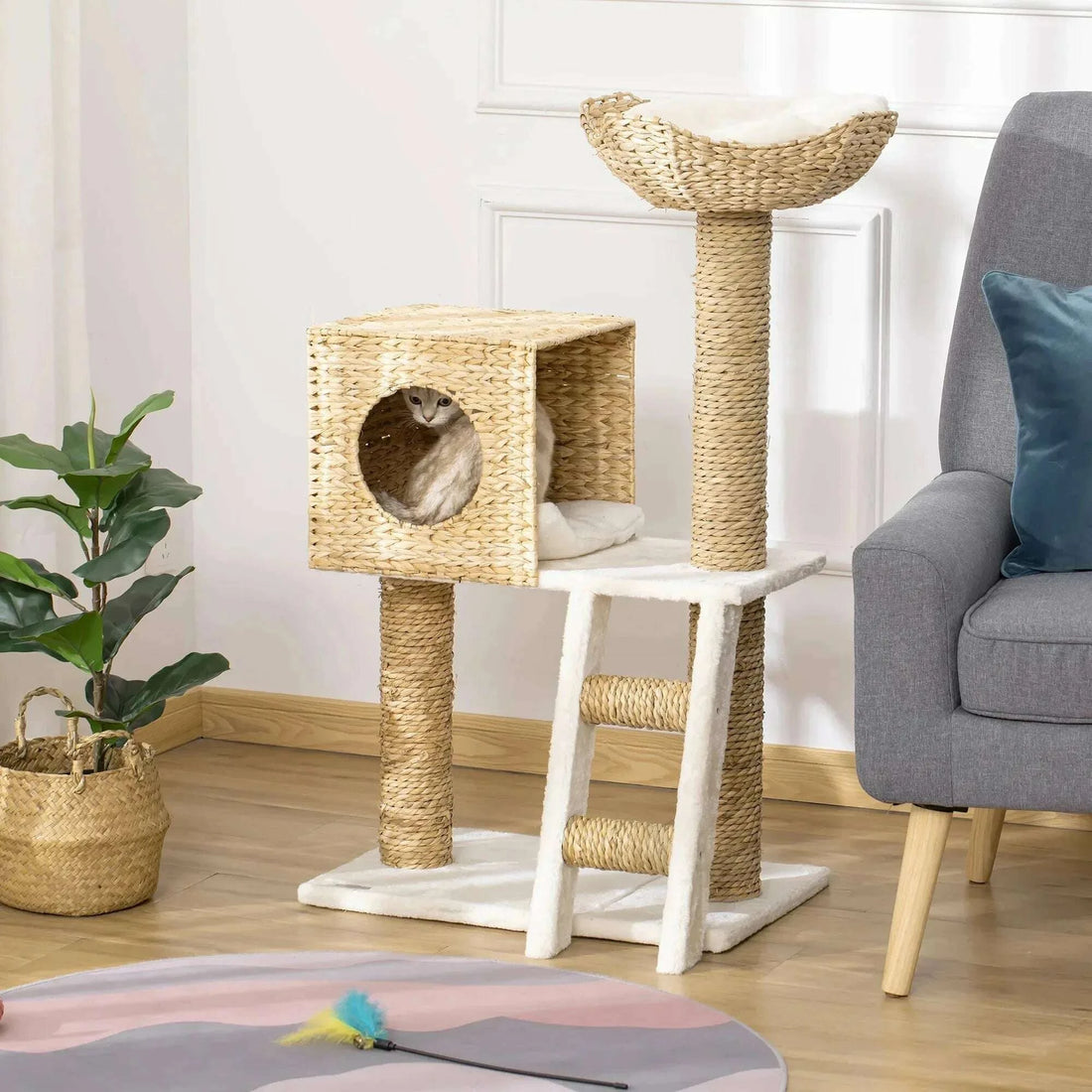 Griffoir sur pied en fibres tressées dans un salon, chat clair dans la niche, à côté d'un fauteuil gris