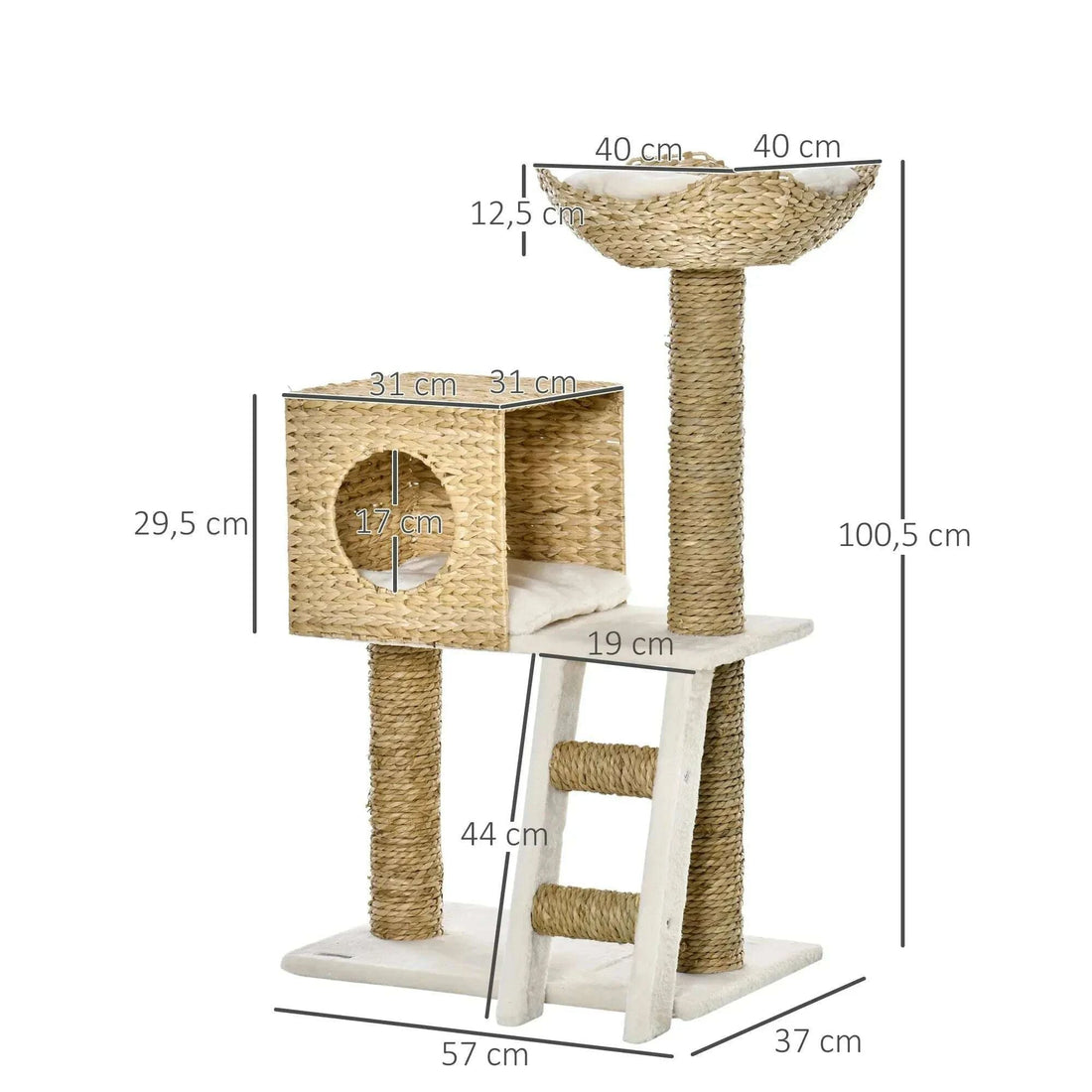 Schéma des dimensions de l'arbre à chat : 100,5 cm de haut, base 57 × 37 cm, niche 31 × 31 cm, panier 40 cm