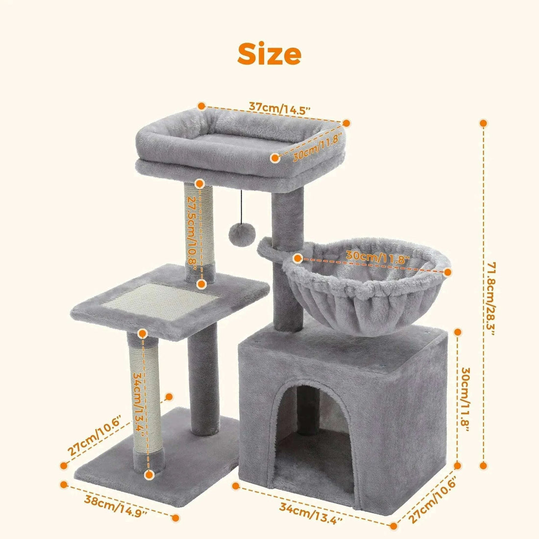 Schéma des dimensions de l'arbre à chat gris : 71,8 cm de haut, base 38 × 27 cm, plateau supérieur 37 × 30 cm