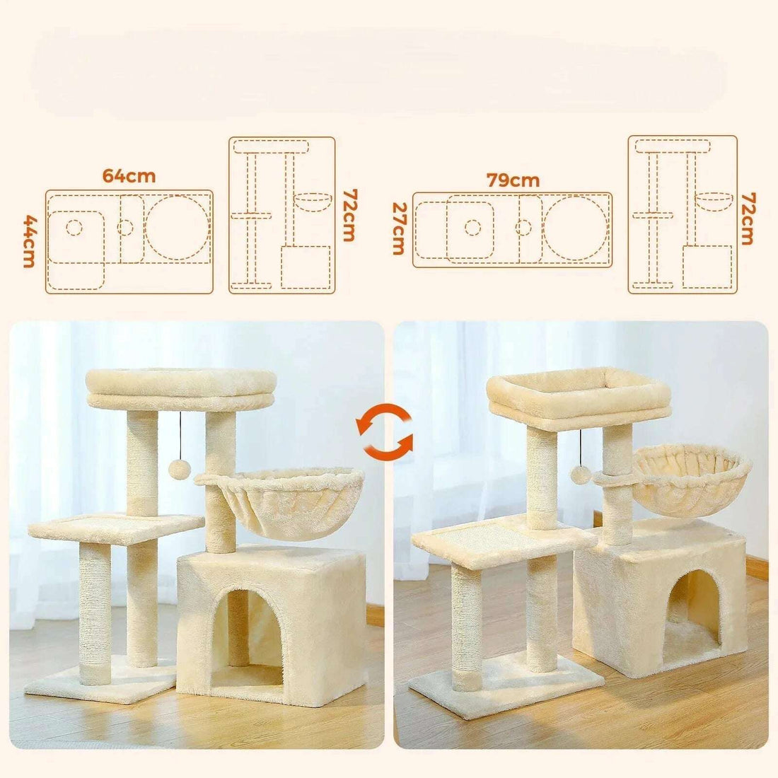 Deux configurations de montage de l'arbre à chat beige : encombrement 64 × 44 cm ou 79 × 27 cm, hauteur 72 cm