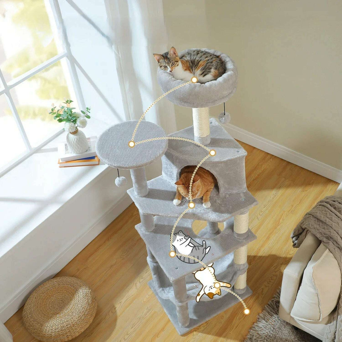 Light gray cat tree with a climbing path illustrated by cat drawings and dotted lines