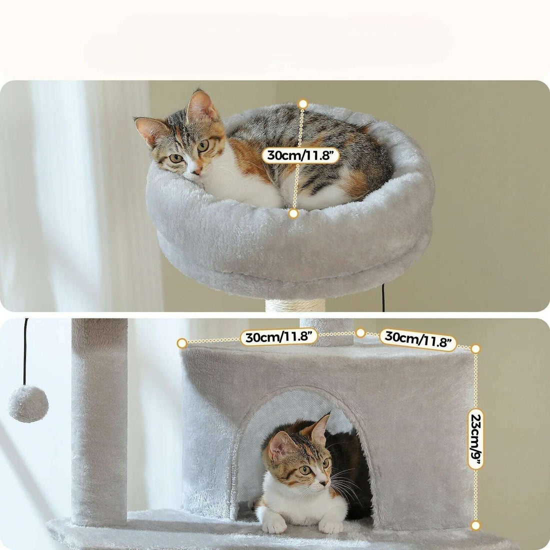 Annotated dimensions of the 30 cm round perch and 30x30x25 cm cat house, with a kitten in each