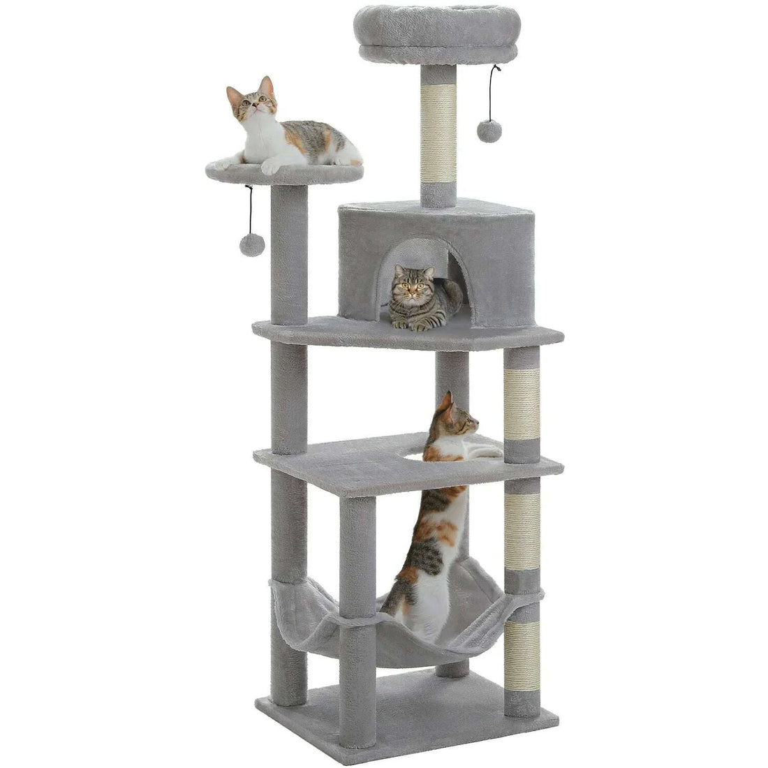 Light gray cat tree on a white background: cat lying on top, tabby inside the cat house