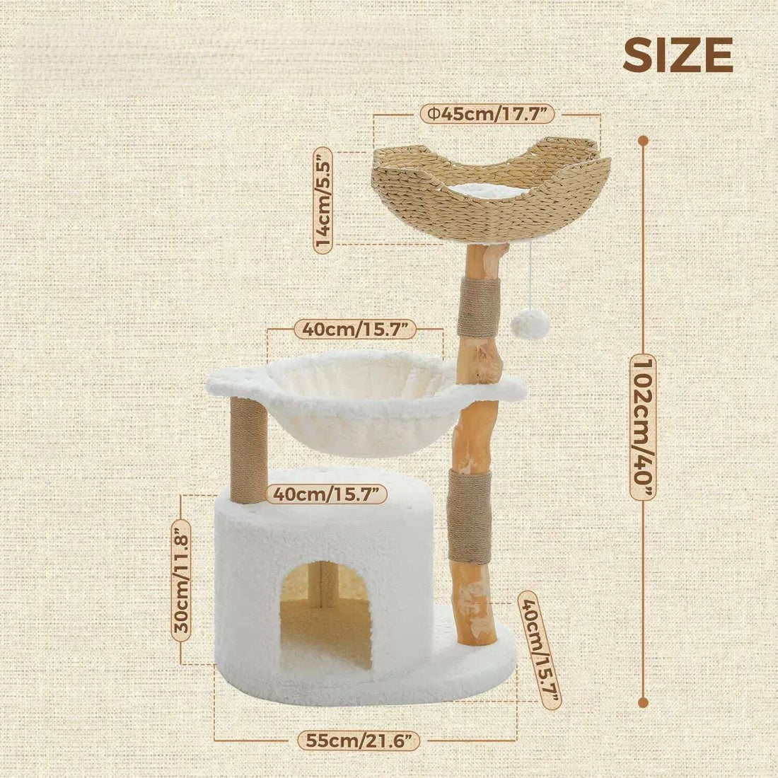 Schéma des dimensions de l'arbre à chat : 102 cm de haut, base 55 × 40 cm, panier 45 cm, hamac 40 cm