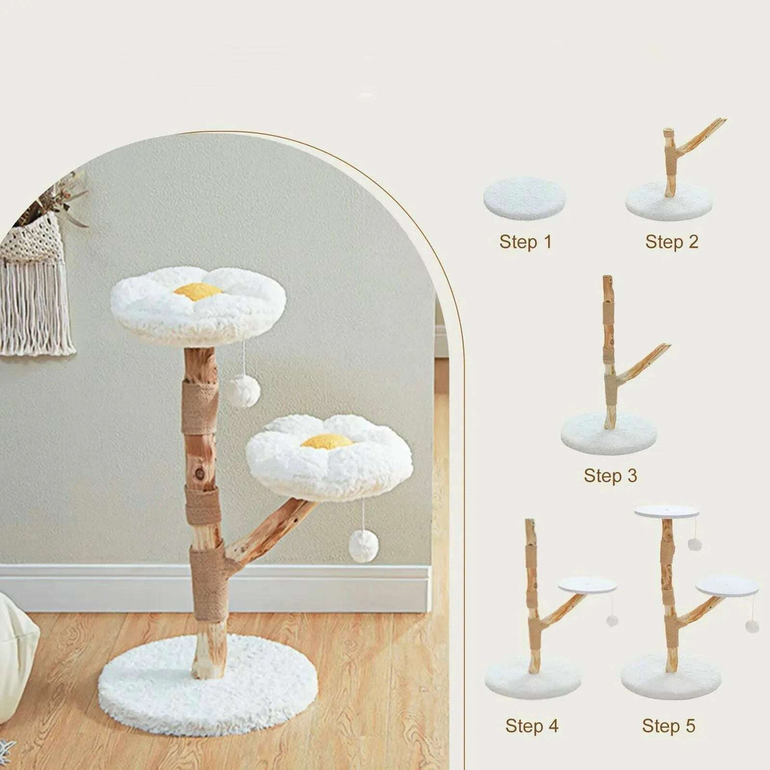 Arbre à chat fleur dans un intérieur et schéma de montage en 5 étapes, de la base ronde jusqu'aux deux coussins fleur