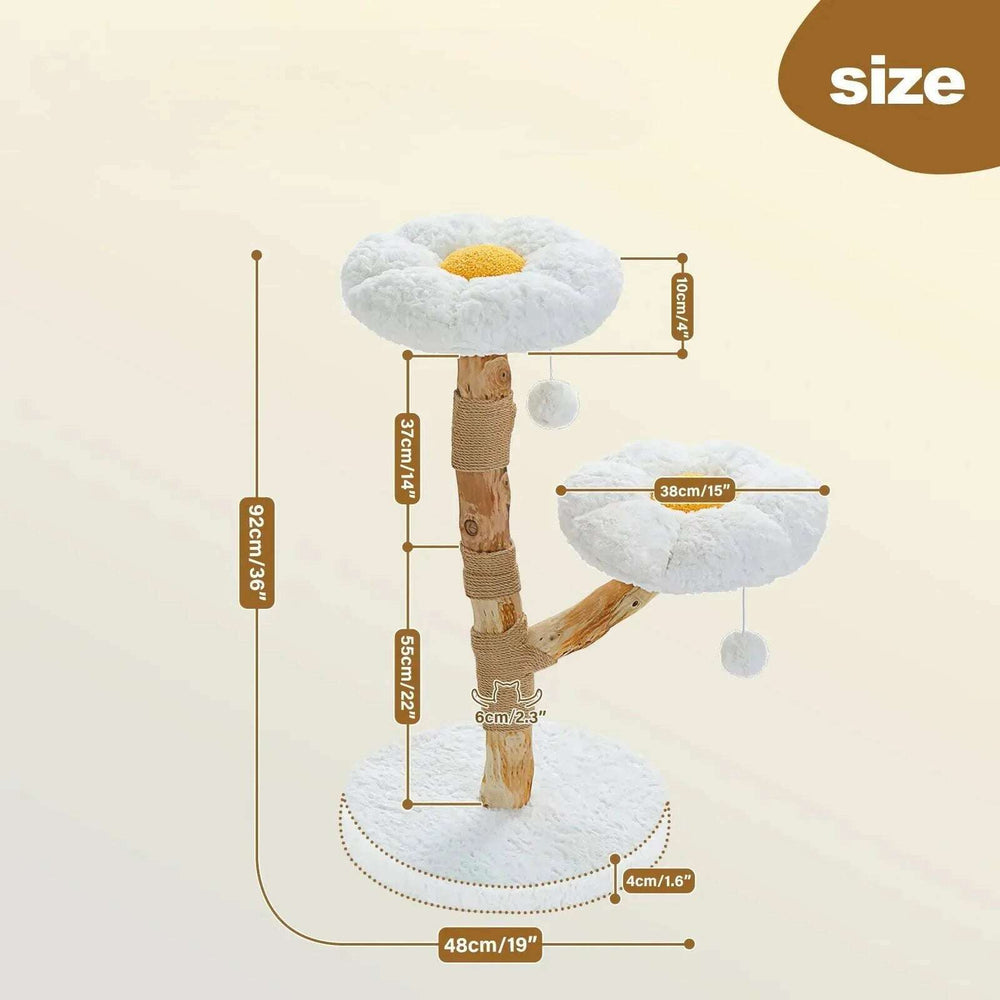Schéma des dimensions de l'arbre à chat : hauteur 92 cm, base 48 cm, coussin fleur 38 cm, tronc de 6 cm de diamètre