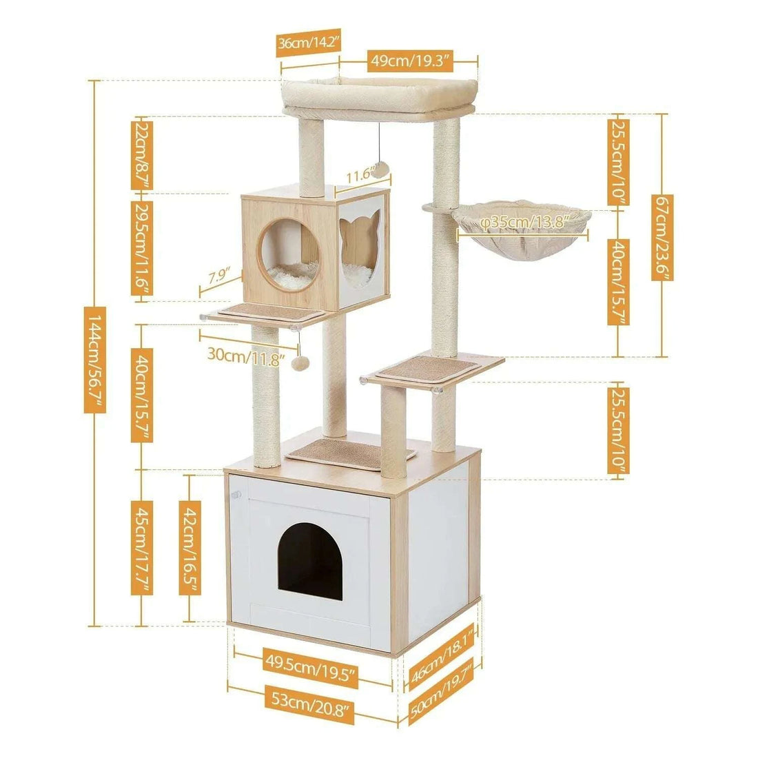Schéma des dimensions de l'arbre à chat : 144 cm de hauteur, cache-litière de 53 × 50 cm
