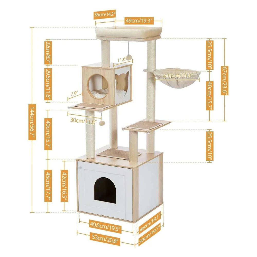 Schéma des dimensions de l'arbre à chat avec litière : hauteur totale 144 cm, meuble de base 53 × 50 cm
