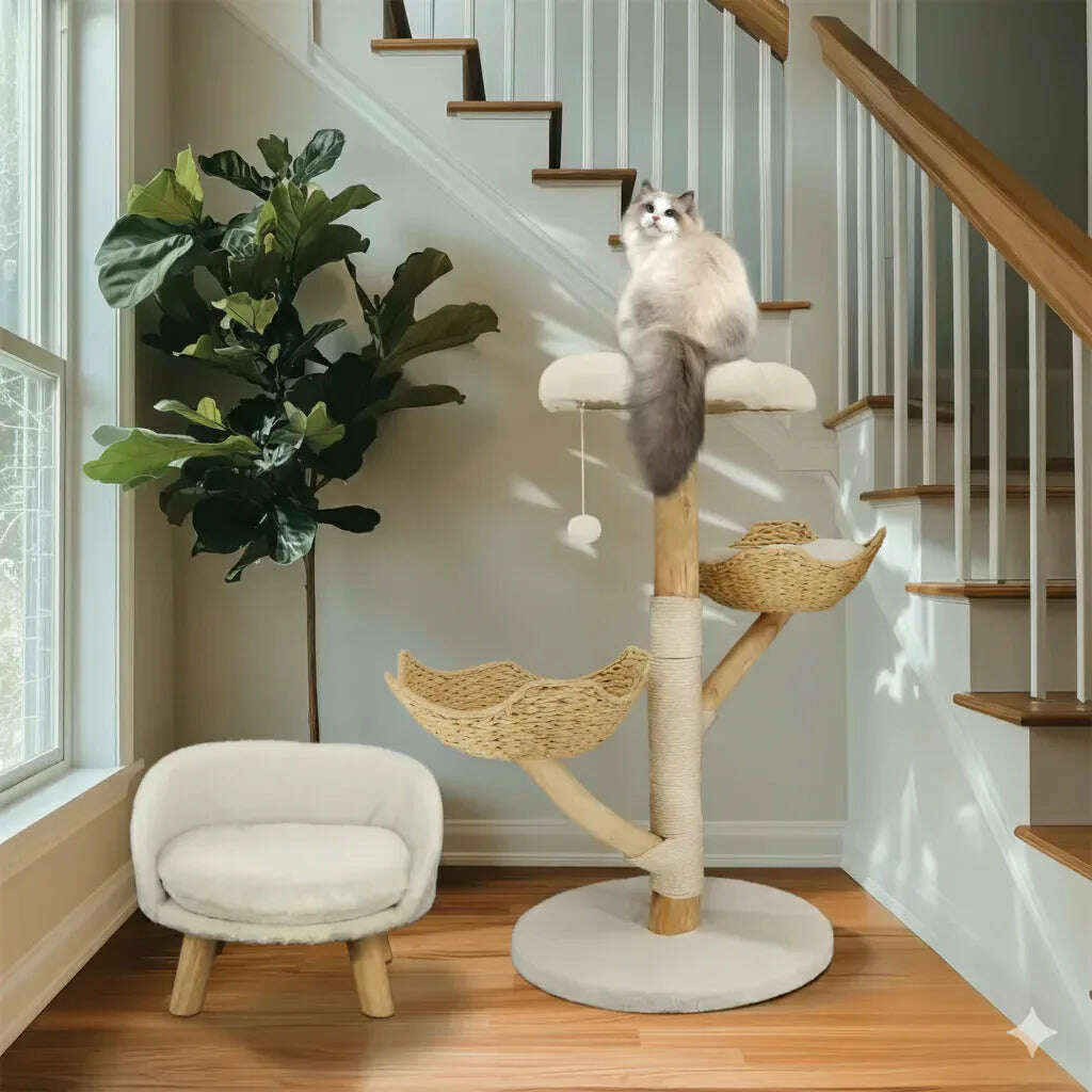 Chat crème et gris perché sur le plateau d'un arbre en bois pour chat, au pied d'un escalier