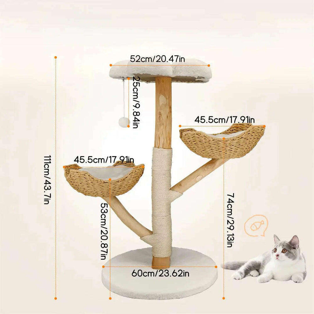 Schéma des dimensions du griffoir : 111 cm de haut, plateau de 52 cm, paniers de 45,5 cm, socle rond de 60 cm