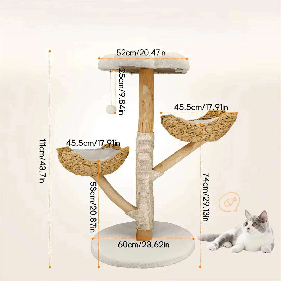 Schéma des dimensions du griffoir : 111 cm de haut, plateau de 52 cm, paniers de 45,5 cm, socle rond de 60 cm