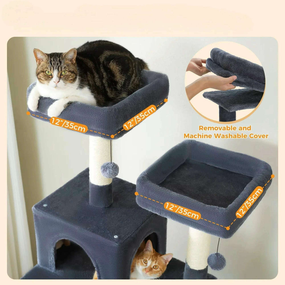 Plateformes carrées de 35 × 35 cm en peluche grise, housse amovible lavable en machine, chat tigré couché dessus
