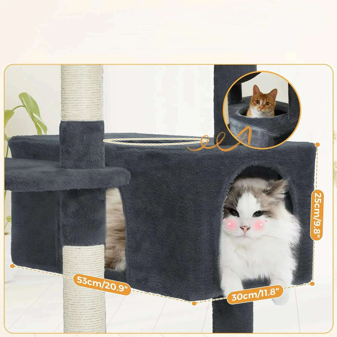 Niche cubique en peluche grise de 53 × 30 × 25 cm avec un chat ragdoll blanc et gris à l'entrée