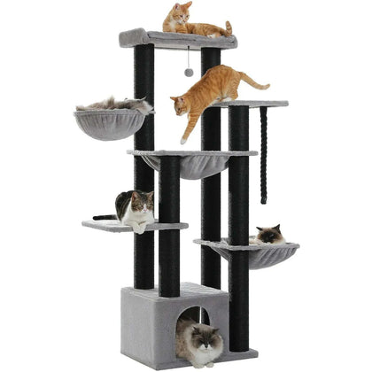 Arbre à chat gris à poteaux noirs sur fond blanc, avec hamacs, plateformes, niche et plusieurs chats installés