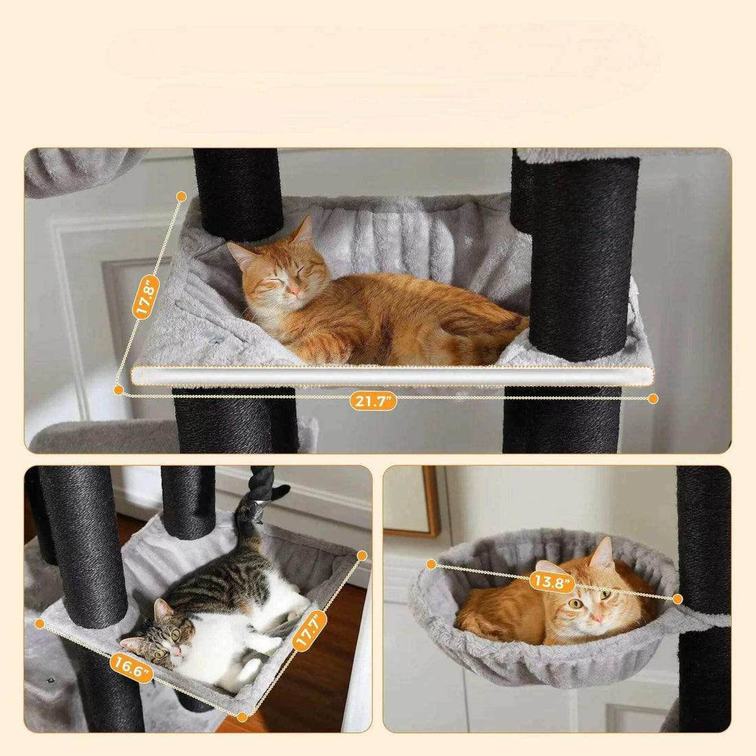 Trois détails des hamacs gris avec chats et cotes : 21,7 × 17,8 po, 17,7 × 16,6 po et 13,8 po de diamètre
