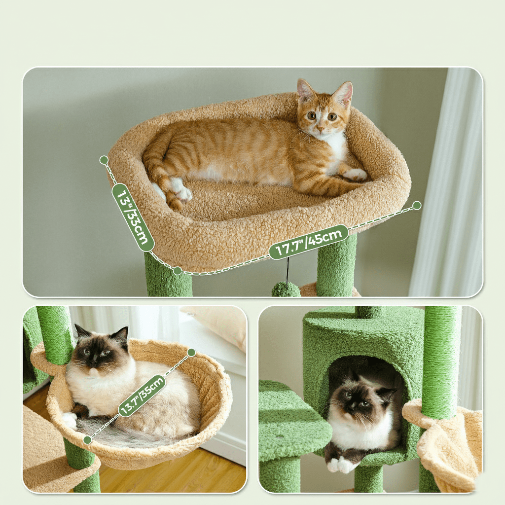 Plateau moelleux de 45 × 33 cm, panier de 35 cm et niche verte où se repose un chat au pelage colourpoint