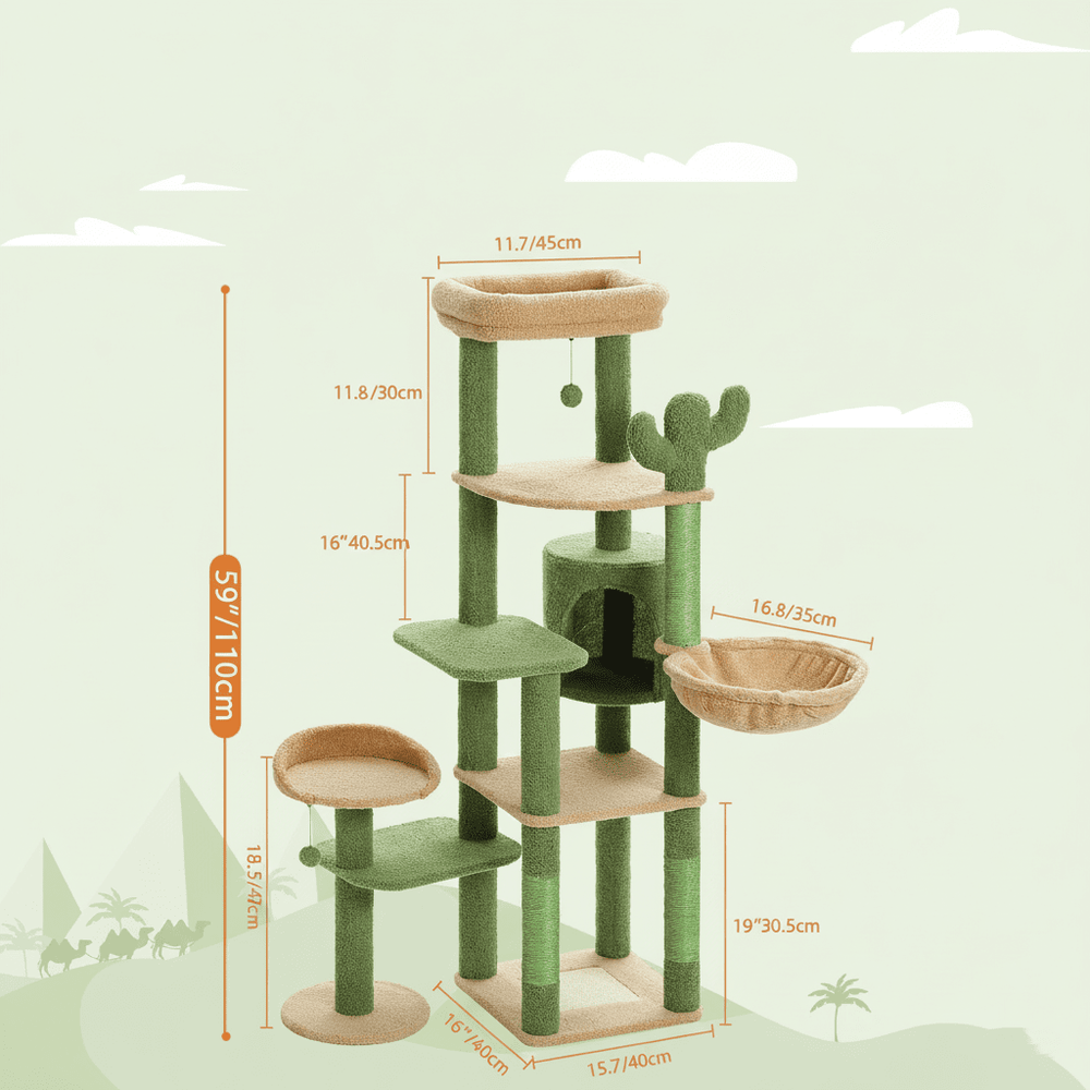 Schéma des dimensions de l'arbre à chat cactus : 110 cm de haut, base de 40 × 40 cm, plateau du haut de 45 cm