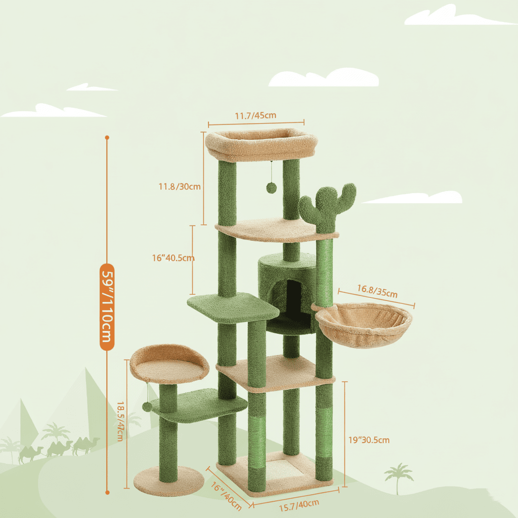 Schéma des dimensions de l'arbre à chat cactus : 110 cm de haut, base de 40 × 40 cm, plateau du haut de 45 cm