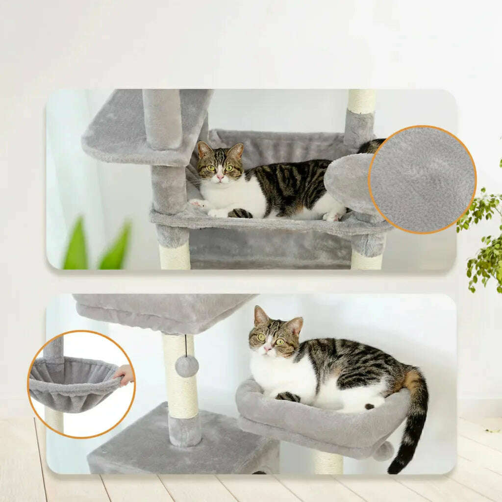 Deux vues rapprochées du hamac gris avec un chat tigré et blanc allongé, gros plan sur le tissu peluche douillet