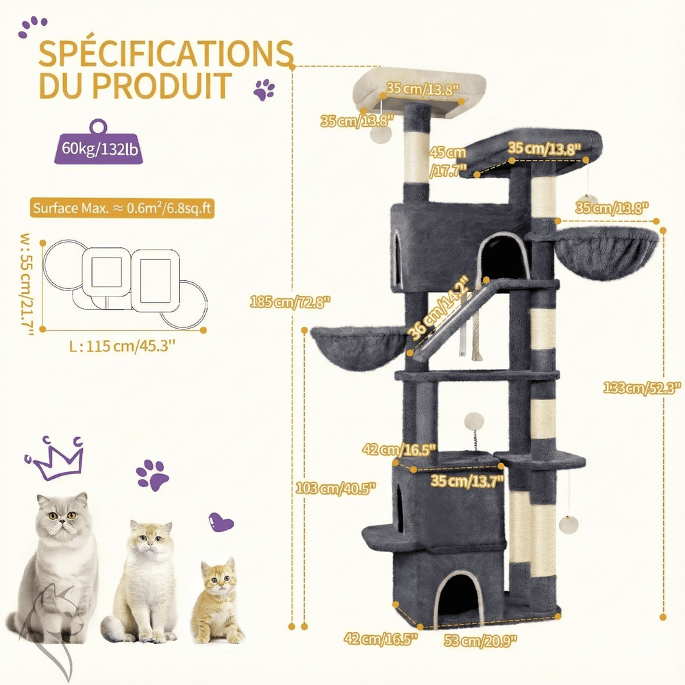 Schéma des dimensions de l'arbre à chat gris foncé : 185 cm de haut, base de 55 × 115 cm, charge de 60 kg