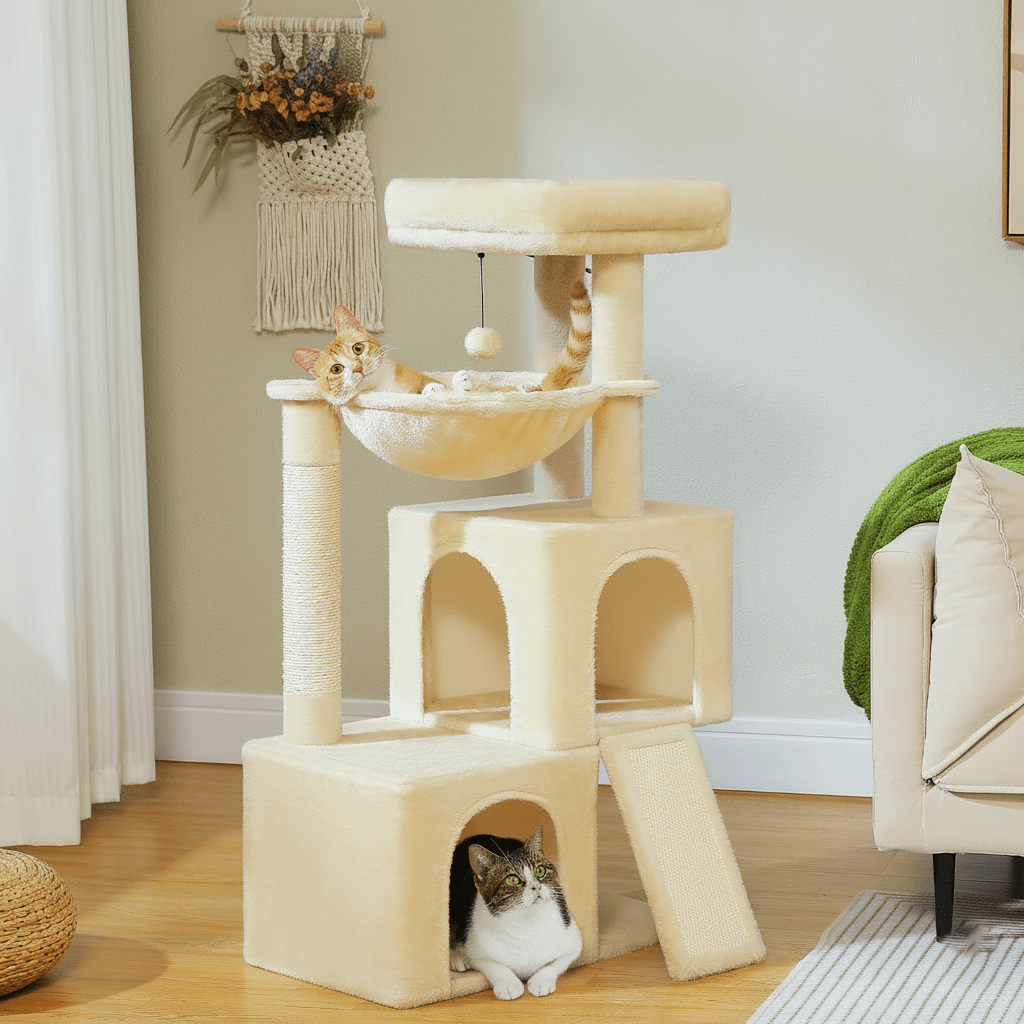 Arbre à chat beige à plusieurs niveaux avec deux niches, hamac, plateforme et griffoir, un chat roux dans une niche